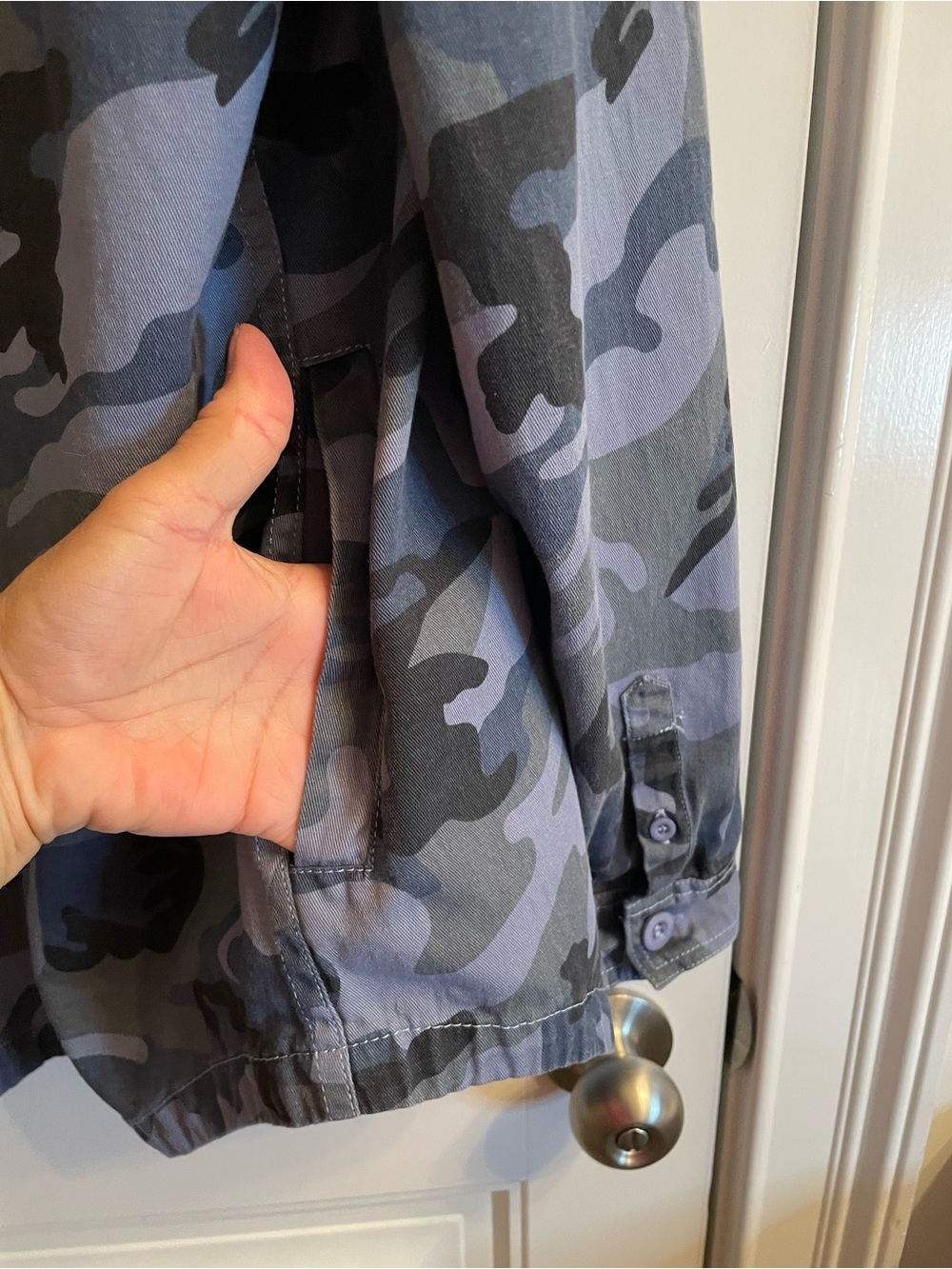 Unisex Blue and Grey Camo Utility Jacket with Hood - Picture 3 of 5